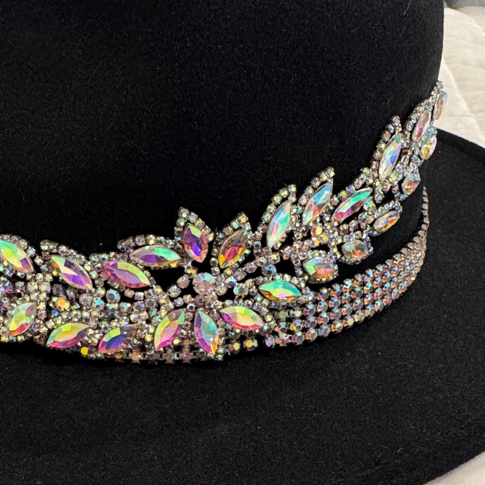 Custom Black Fedora with Rhinestone band Embellishments - Picture 2 of 5